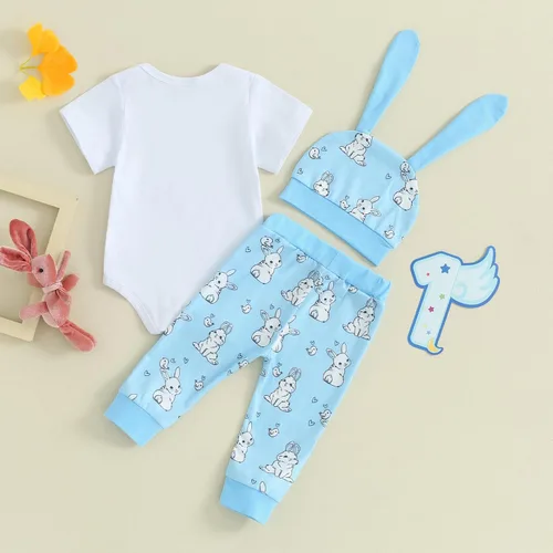 Vista 7 de Lamuusaa Traje de Pascua para recién nacido, niño y niña, mameluco de manga corta, estampado de conejo, pantalones largos, sombrero, 3 piezas
