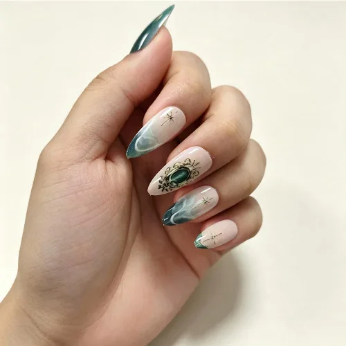 Vista 23 de Uñas postizas a presión medianas con diseño geométrico blanco almendra – 24 uñas postizas reutilizables de ABS brillante, fácil de aplicar, juego