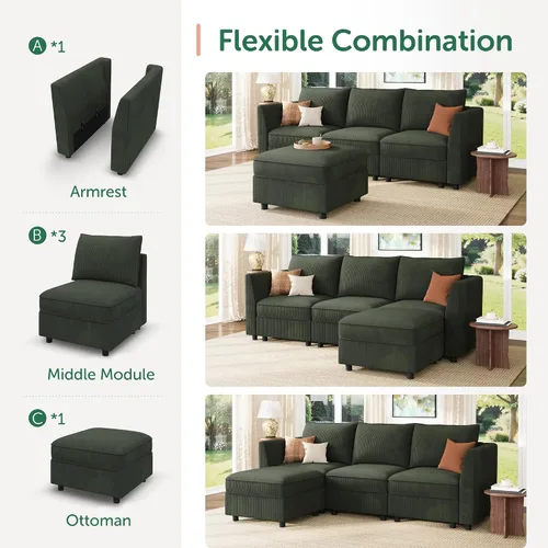 Vista 6 de HONBAY Sofá seccional modular con almacenamiento en forma de L sofá seccional, sofás convertibles para sala de estar - verde