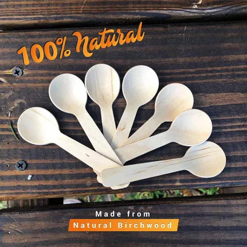 Vista 4 de Cuchara de madera pequeña desechable de 3.9 pulgadas (paquete de 300) Mini cucharas de madera, cucharas de muestra biodegradables