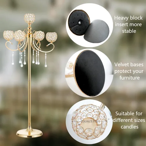 Vista 4 de Candelabro dorado para centros de mesa, 45.3 pulgadas de alto con 5 ramas con soporte de candelabro de cuentas de cristal para boda, pasillo