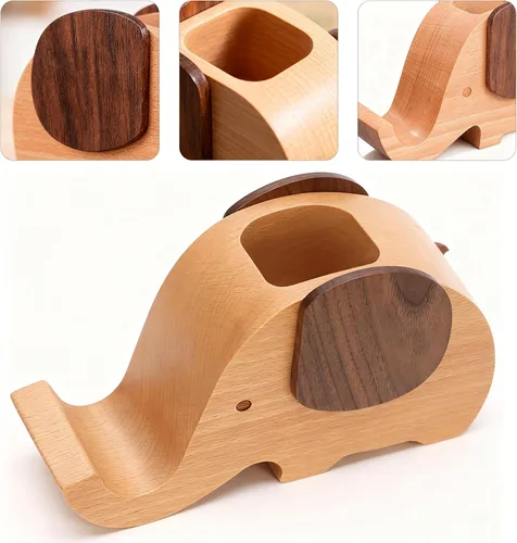 Vista 2 de Portalápices creativo elefante regalos juguetes de madera lindo soporte para lápices y teléfono celular soporte organizador para escritorio