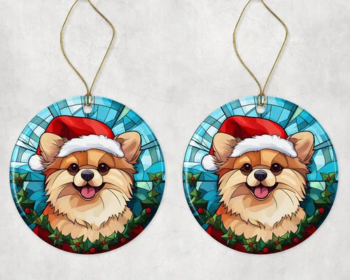 Vista 3 de Pomerania - Adorno de cerámica con vitrales de Navidad, adorno colgante para árbol de Navidad, adorno de vitral de perro, adorno religioso