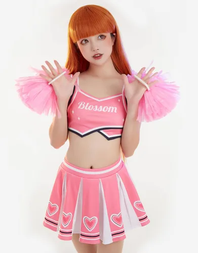 Vista 2 de miccostumes Disfraz de animadora para mujer con patrón de corazón y falda con pompones