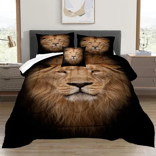 Vista 7 de Juego de edredón de león tamaño Queen con temática de animales salvajes, edredón de león negro, juego de ropa de cama con temática de safari de vida
