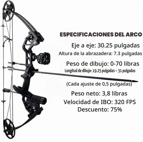 Vista 2 de Arco compuesto con peso de tracción de 0-70 libras para arqueros principiantes y de nivel intermedio, totalmente ajustable de 19.25"-31", con todos
