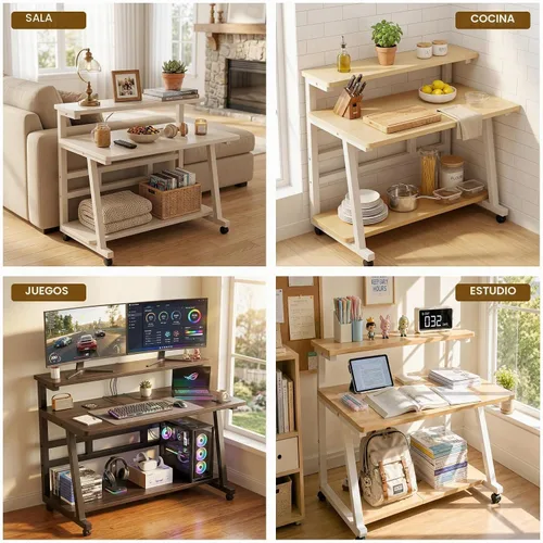 Vista 8 de Escritorio compacto de 31.5 pulgadas para computadora con mesa de trabajo de niveles y ruedas con bloqueo, escritorio pequeño para dormitorio