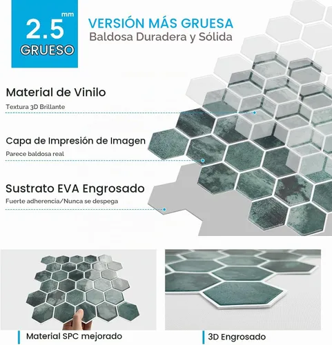 Vista 6 de 10 hojas de azulejos hexagonales autoadhesivos para salpicadero de cocina, nuevo diseño premium extra grueso 3D, azulejos de pared autoadhesivos