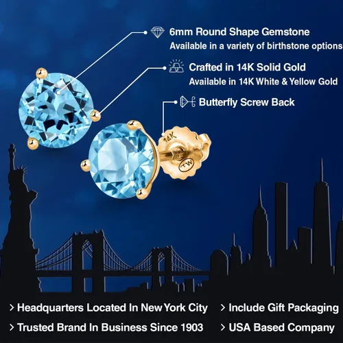 Vista 234 de Gem Stone King Aretes de Martini de oro amarillo de 14 quilates Aretes de tuerca de 3 puntas para mujeres y hombres Redondos de 0.236 pulgadas