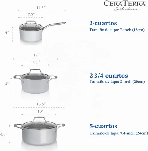 Vista 5 de TECHEF - CeraTerra Collection, cacerola antiadherente de cerámica de 2 cuartos con tapa de vidrio (sin PTFE, PFAS ni PFOA), fabricada en Corea