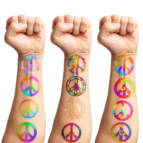 Vista 7 de 100 piezas de tatuajes temporales hippie de paz y amor, decoración de fiesta de cumpleaños, suministros de decoración, letrero de la paz teñido