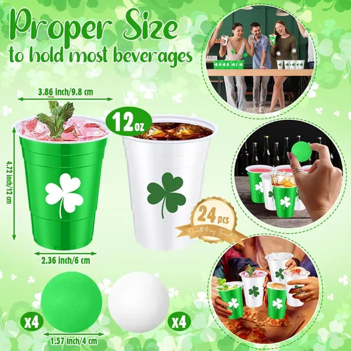 Vista 5 de Seenelling 32 piezas de suministros de juegos de fiesta del día de San Patricio para adultos incluyen 24 vasos de plástico blanco y verde de 16