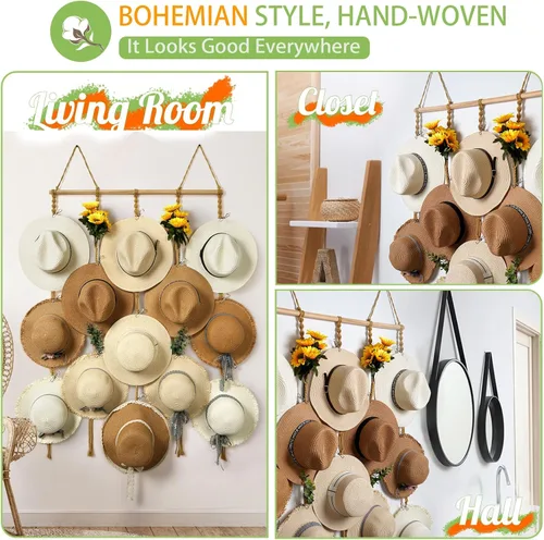 Vista 7 de Organizador de Sombreros de Macramé para Pared 15 Clips 31x53 Pulgadas Colgadores Grandes Exhibidor para Sombreros Fedora para Soporte de Sombreros
