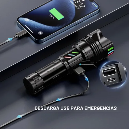 Vista 5 de Linterna Súper Brillante 10000 Lúmenes Altos Recargable, Potentes Luces LED Flash de Larga Distancia 3280ft, Larga Duración 10H Función de Descarga