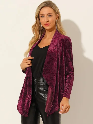 Vista 4 de Allegra K Cárdigan de terciopelo con cuello chal y bolsillo frontal abierto para mujer