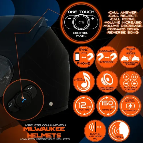 Vista 4 de Milwaukee Helmets H7005 Flat Black MayDay Modular Casco de motocicleta inalámbrico de cara completa - Stream Music-Llamadas telefónicas
