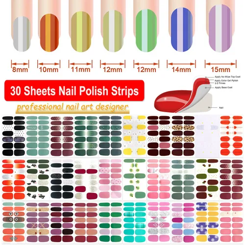 Vista 2 de 420 piezas de 30 hojas de envolturas de uñas con lima de uñas, tiras de esmalte de uñas con diseño degradado con brillantina, calcomanías