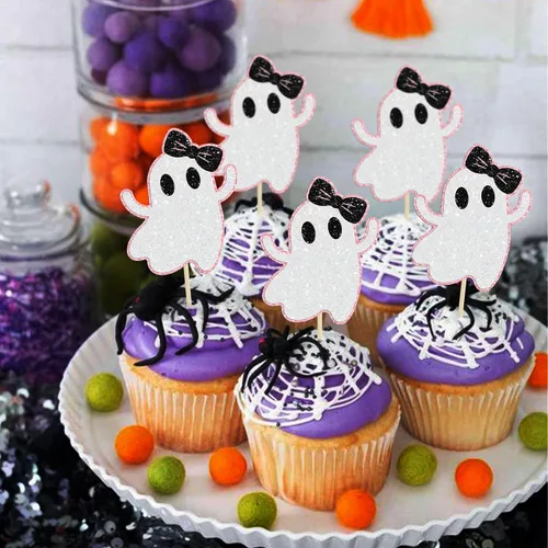 Vista 4 de Gyufise 24 adornos de fantasmas para cupcakes con purpurina rosa para Halloween, fantasma, baby shower, decoración de cupcakes, comida fantasma