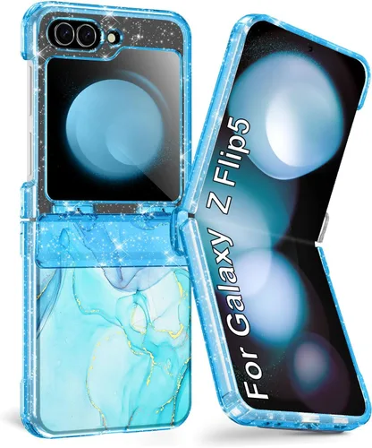 Vista 34 de Btscase Funda para Samsung Galaxy Z Flip 6, protector de pantalla frontal integrado, patrón de mármol dorado con purpurina de policarbonato duro