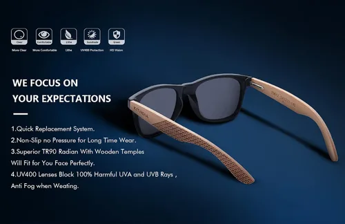 Vista 5 de Kithdia gafas de sol de madera de bambú hechas a mano para hombres y mujeres con lente polarizada - gafas de sol de madera S7061