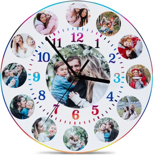 Vista 14 de Reloj personalizado con marcos familiares, decoración de pared, multifoto, grabado con nombre y fecha, relojes digitales inusuales de madera