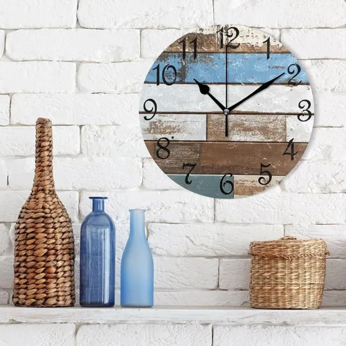 Vista 3 de Reloj de pared rústico retro con puerta de granero de madera, marrón, azul, funciona con pilas, silencioso, sin tictac, 10 pulgadas, reloj de mesa
