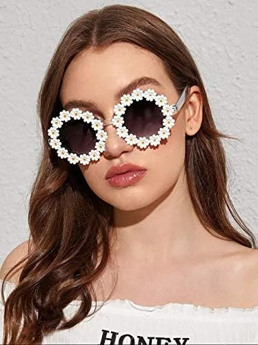 Vista 5 de Dollger Gafas de sol retro con margaritas para mujer diseño de flores redondas modernas para festivales de discoteca Tipos de marco