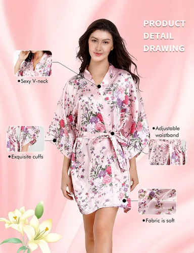 Vista 3 de Albornoz Eplaza de satén floral, kimono para novia, novia, dama de honor, kimono