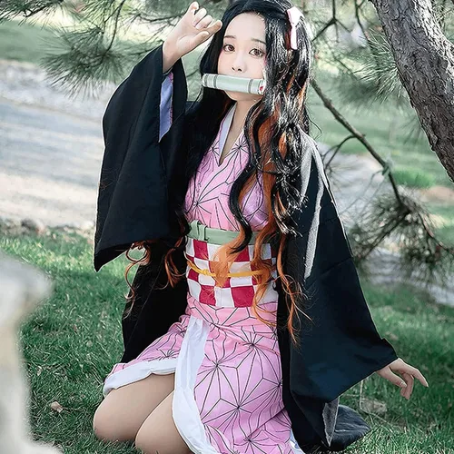 Vista 9 de Conjunto de kimono de anime Nezuko para cosplay, conjunto de uniforme de Halloween + peluca