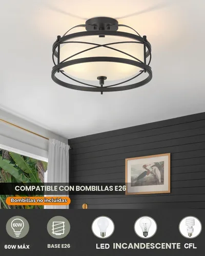 Vista 2 de Accesorios de luz de tambor para entrada, lámpara de techo rústica de montaje semiempotrado para pasillo, sala de estar, dormitorio, cocina (negro)