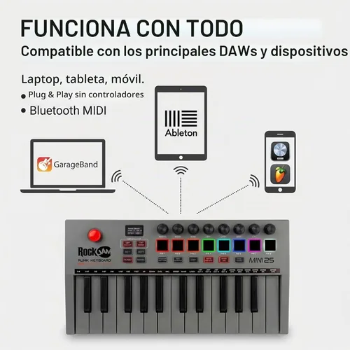 Vista 4 de RockJam RJMK25 Controlador de teclado MIDI USB de 25 teclas con almohadillas de tambor Rechargeable USB MIDI controller with 25 velocity sensitive
