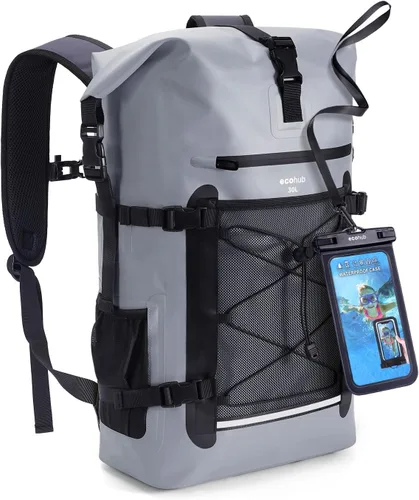Vista 10 de ECOHUB Mochila impermeable para mujeres y hombres, bolsa seca resistente de 30L con cierre enrollable para viajes con funda impermeable IPX8