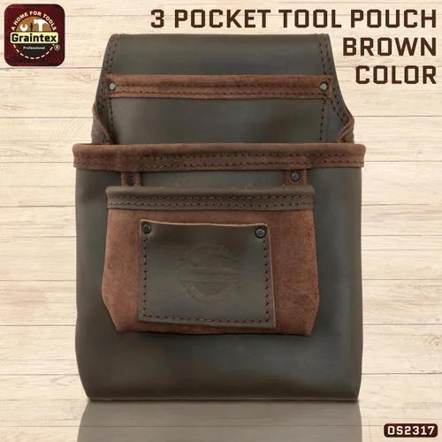 Vista 2 de Graintex OS2317 - Bolsa de 3 bolsillos para uñas y herramientas, cuero curtido con aceite de grano superior para enmarcadores, constructores