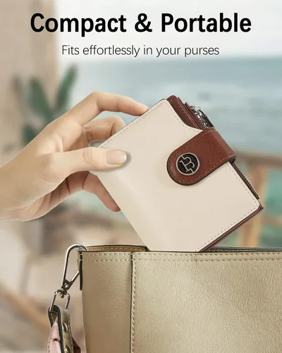 Vista 4 de BOSTANTEN - Billetera de cuero para mujer, pequeña, con bloqueo RFID, de dos pliegues, bolsillo con cremallera, tarjetero con ventana para 1-beige