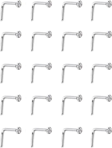 Vista 4 de 20 Piezas Piercing de Nariz Curvado Anillo de Nariz de Acero Inoxidable con Cristales Forma en L Tornillo de Nariz Joyería de Piercing, Calibre 20