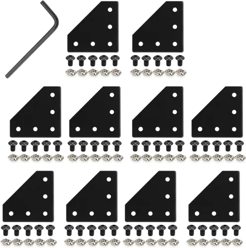 Vista 18 de 10 piezas 2020 placa de unión de soporte de esquina en forma de L, conector de extrusión de aluminio de 5 agujeros con 50 tuercas en T, 50 tornillos