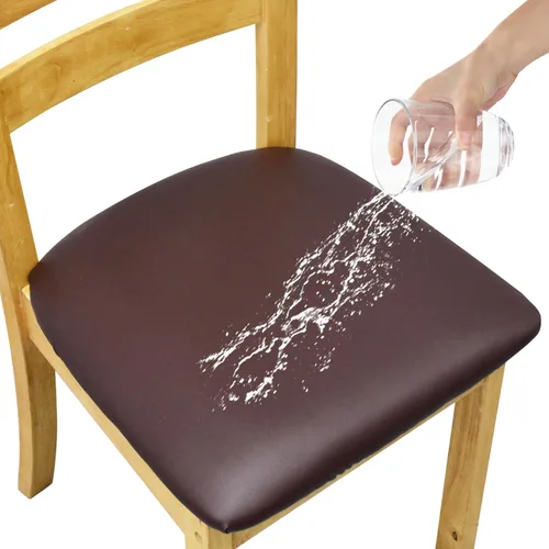 Vista 8 de Fundas elásticas de cuero para asientos de silla con lazos elásticos, fundas impermeables de cuero PU para asientos de silla de comedor, fundas