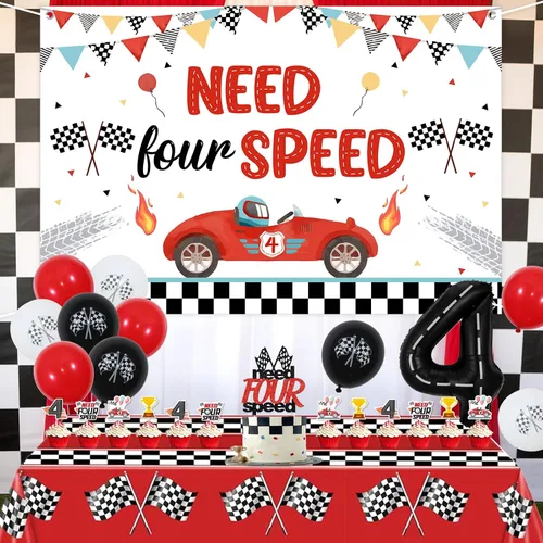 Vista 3 de Need Four Speed - Decoraciones de cumpleaños con temática de auto de carreras, pancarta para decoración de pasteles, decoración de cupcakes, mantel