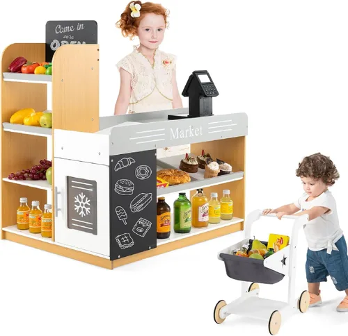 Vista 10 de Costzon Juego de simulación para tienda de comestibles, tienda de juegos de madera, juego de supermercado para niños pequeños con caja registradora