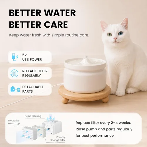 Vista 4 de Fuente de agua de cerámica para gatos, cuenco de agua súper silencioso para mascotas, 2 filtros, apto para lavavajillas (paquete de 3)