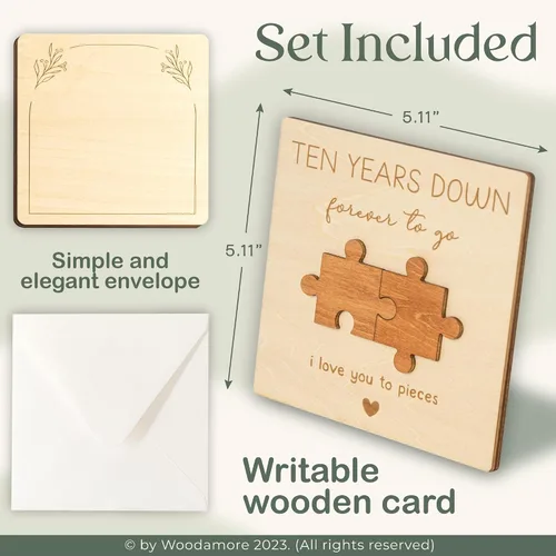 Vista 2 de WOODAMORE Tarjeta de regalo de aniversario de 10 años para él y esposo, regalos de madera para el décimo aniversario de boda, tarjetas de feliz 10