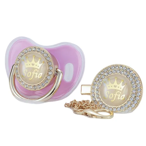 Vista 7 de Juego de Chupete y Clip Personalizado con Cualquier Nombre, Bling Oro Plata, 18 Colores, Libre de BPA, Diseño Único Lujoso, Chupete Ideal para Bebé