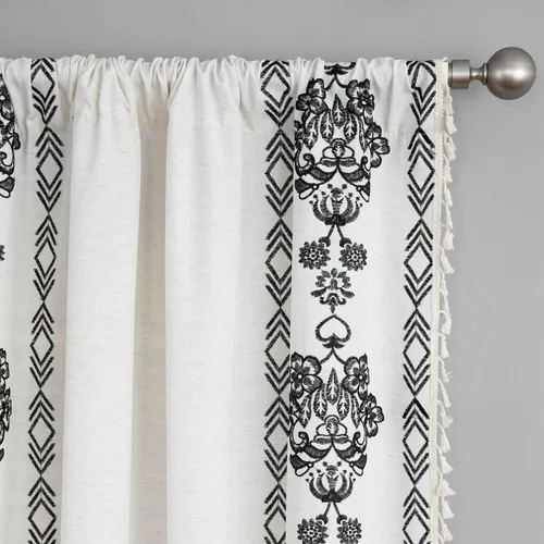 Vista 3 de VOGOL Cortinas bohemias de 84 pulgadas de largo, cortinas decorativas con textura de lino para sala de estar, patrón de flores negras, bolsillo