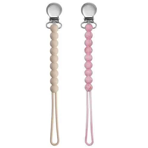 Vista 4 de Silicone Pacifier Clip for Baby Girls, Paci Binky Holder 2 Pack R-Rosa y Beige