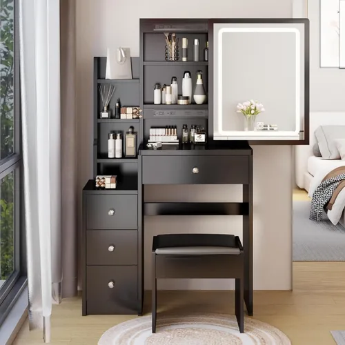 Vista 13 de BNSPLY Escritorio pequeño de tocador de 29.2 pulgadas de ancho con espejo deslizante, juego de tocador de maquillaje negro con 4 cajones y 5