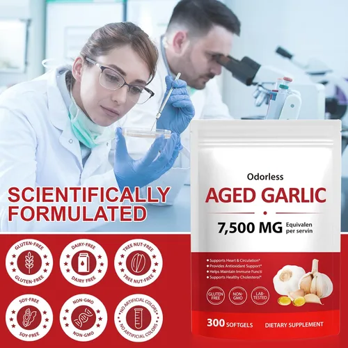 Vista 8 de Cápsulas de extracto de ajo envejecido, 300 unidades, 7500 mg de suplemento de ajo orgánico inodoro, 2 años de maduración para apoyo cardíaco e