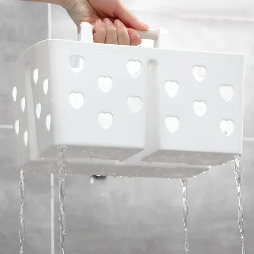 Vista 6 de Anyoifax Cesta de plástico portátil con mango de madera, organizador de almacenamiento dividido con compartimentos para baño, dormitorio