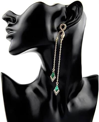 Vista 7 de Pendientes de serpiente de gota larga con diamantes de imitación verde vintage, Piedra de malaquita