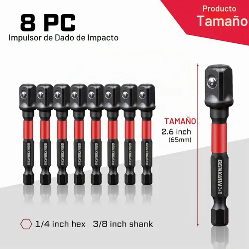Vista 2 de Geinxurn Juego de adaptadores de enchufe de impacto de 8 piezas, accionamiento cuadrado de 3/8 pulgadas, juego de broca de extensión de 2.5 pulgadas
