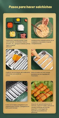 Vista 4 de Molde de salchicha de acero inoxidable con 6 cavidades para perros calientes caseros, molde antiadherente para perritos calientes para horno